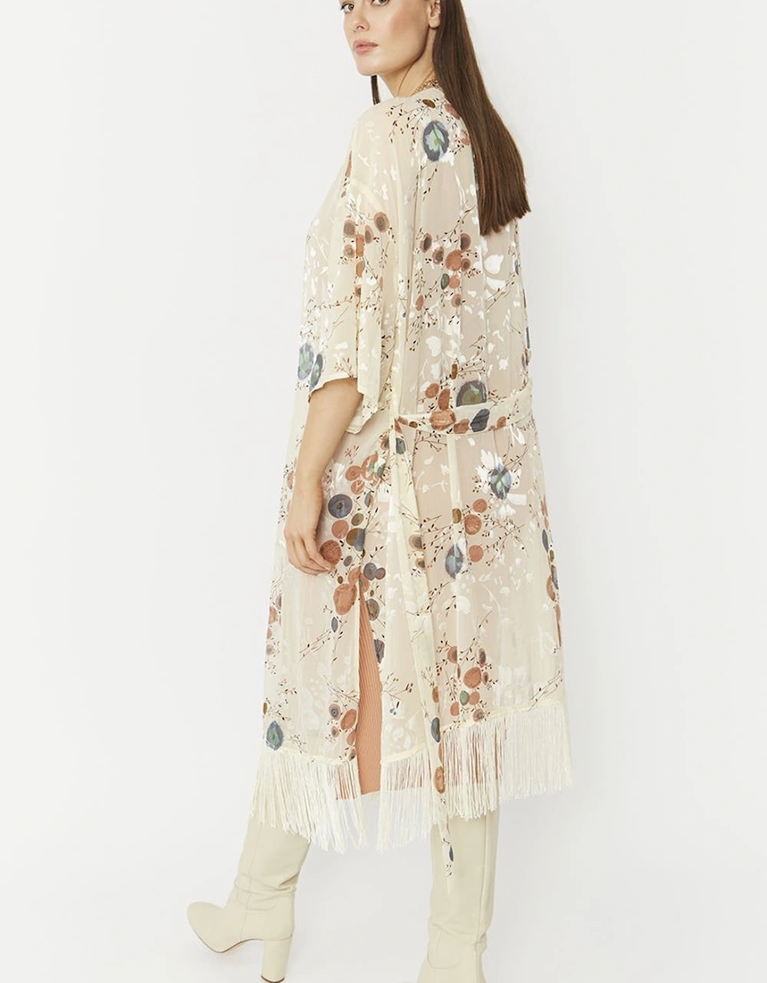 Cream Silk Blend Kimono with Tassel Detail