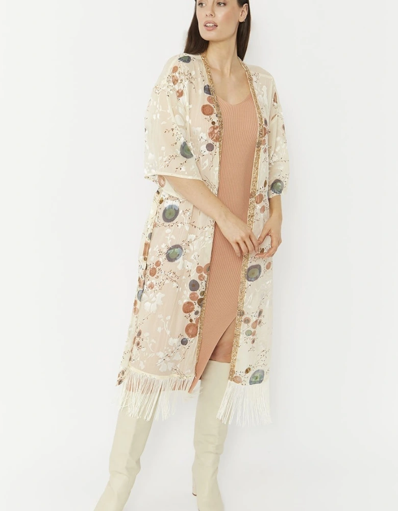 Cream Silk Blend Kimono with Tassel Detail