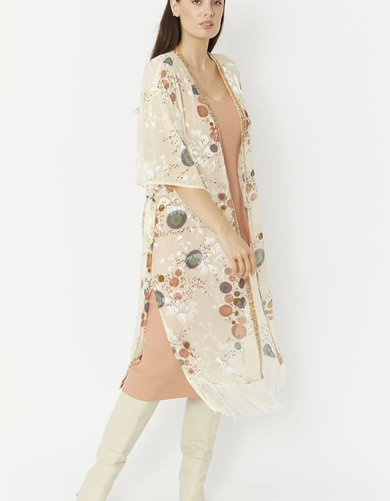 Cream Silk Blend Kimono with Tassel Detail