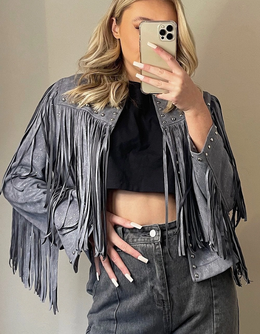 Grey Faux Suede Tassel Jacket