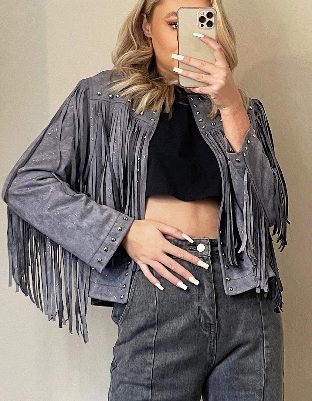 Grey Faux Suede Tassel Jacket