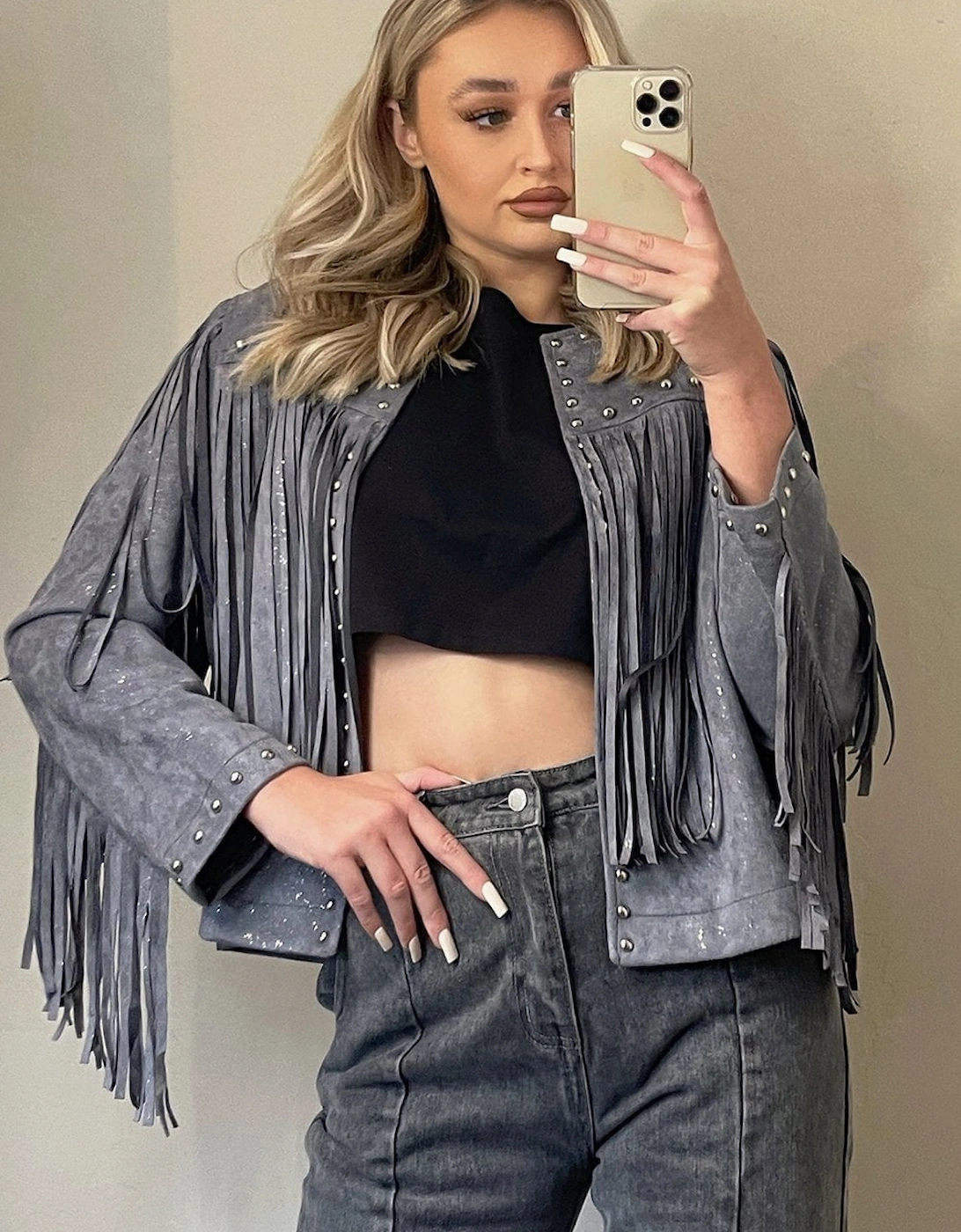 Grey Faux Suede Tassel Jacket