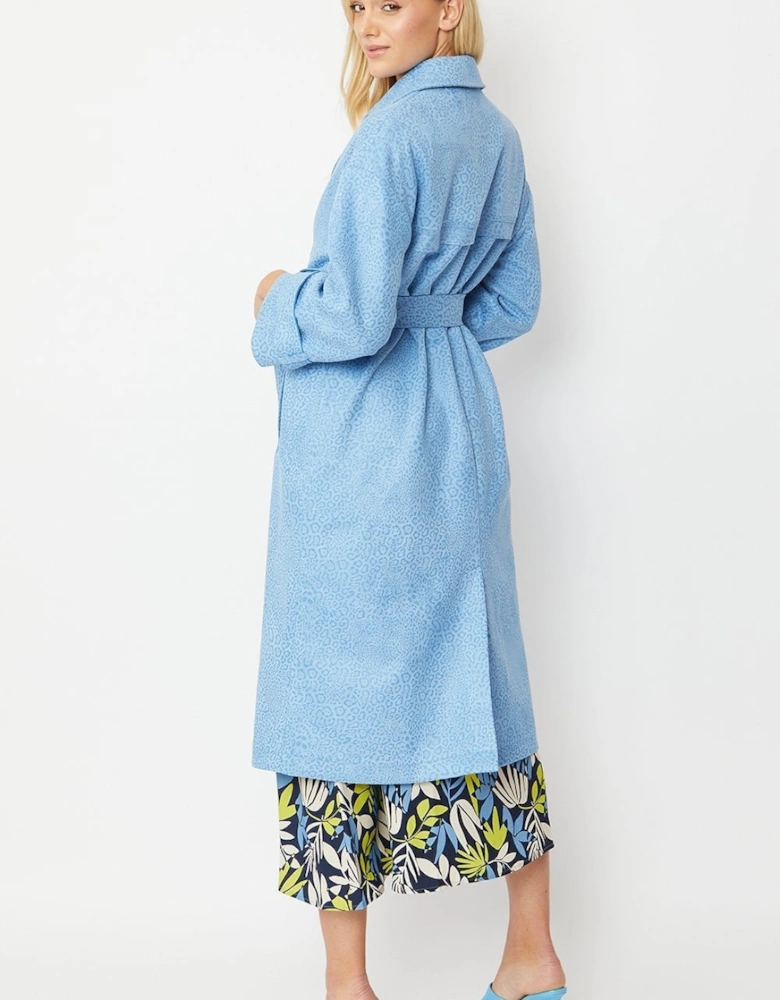 Blue Faux Suede Animal Print Trench Coat