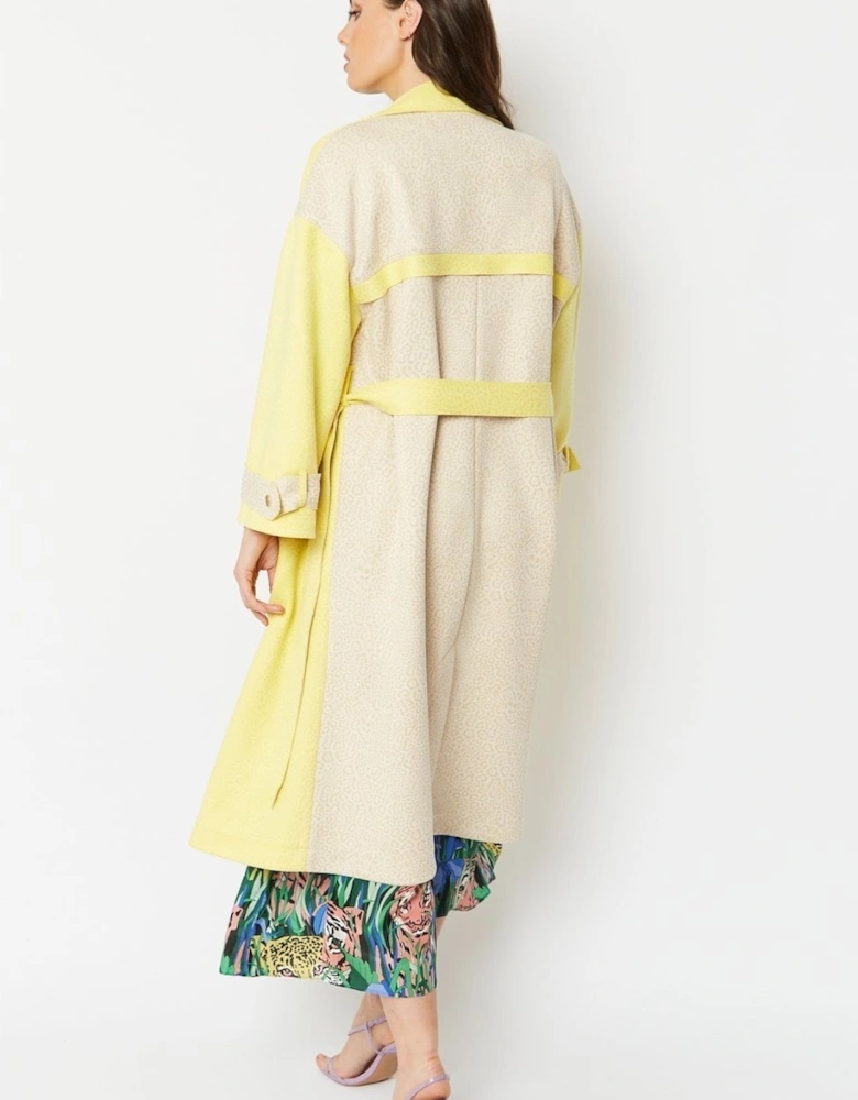 Yellow Faux Suede Animal Print Trench Coat