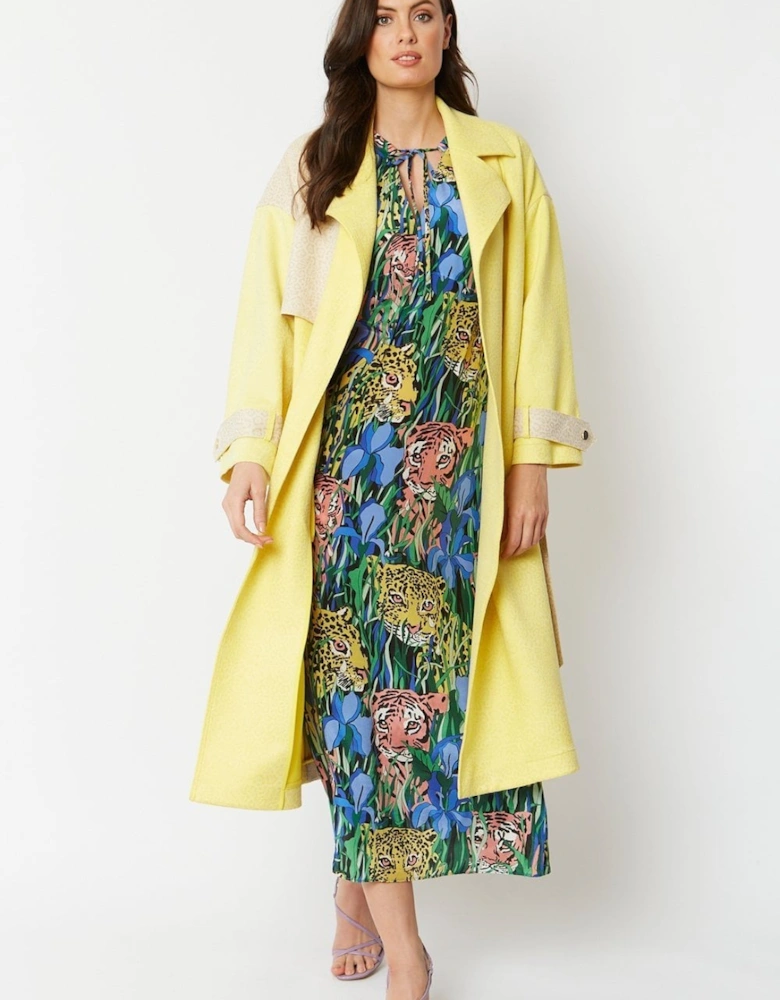 Yellow Faux Suede Animal Print Trench Coat