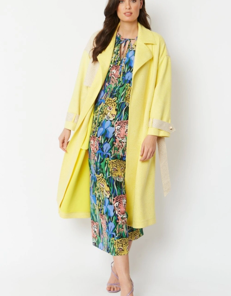Yellow Faux Suede Animal Print Trench Coat