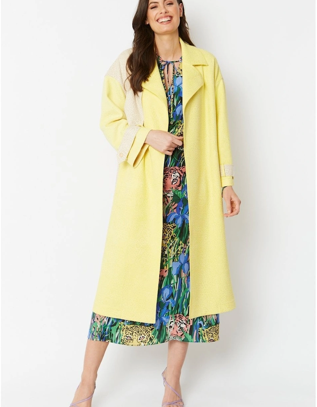 Yellow Faux Suede Animal Print Trench Coat