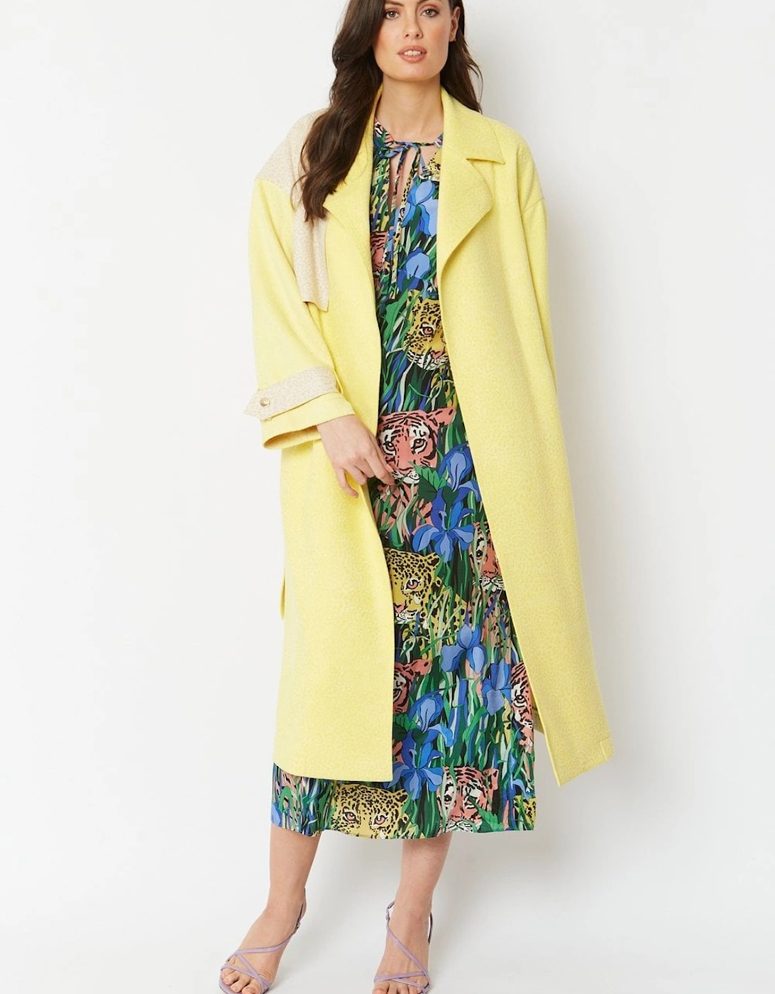 Yellow Faux Suede Animal Print Trench Coat