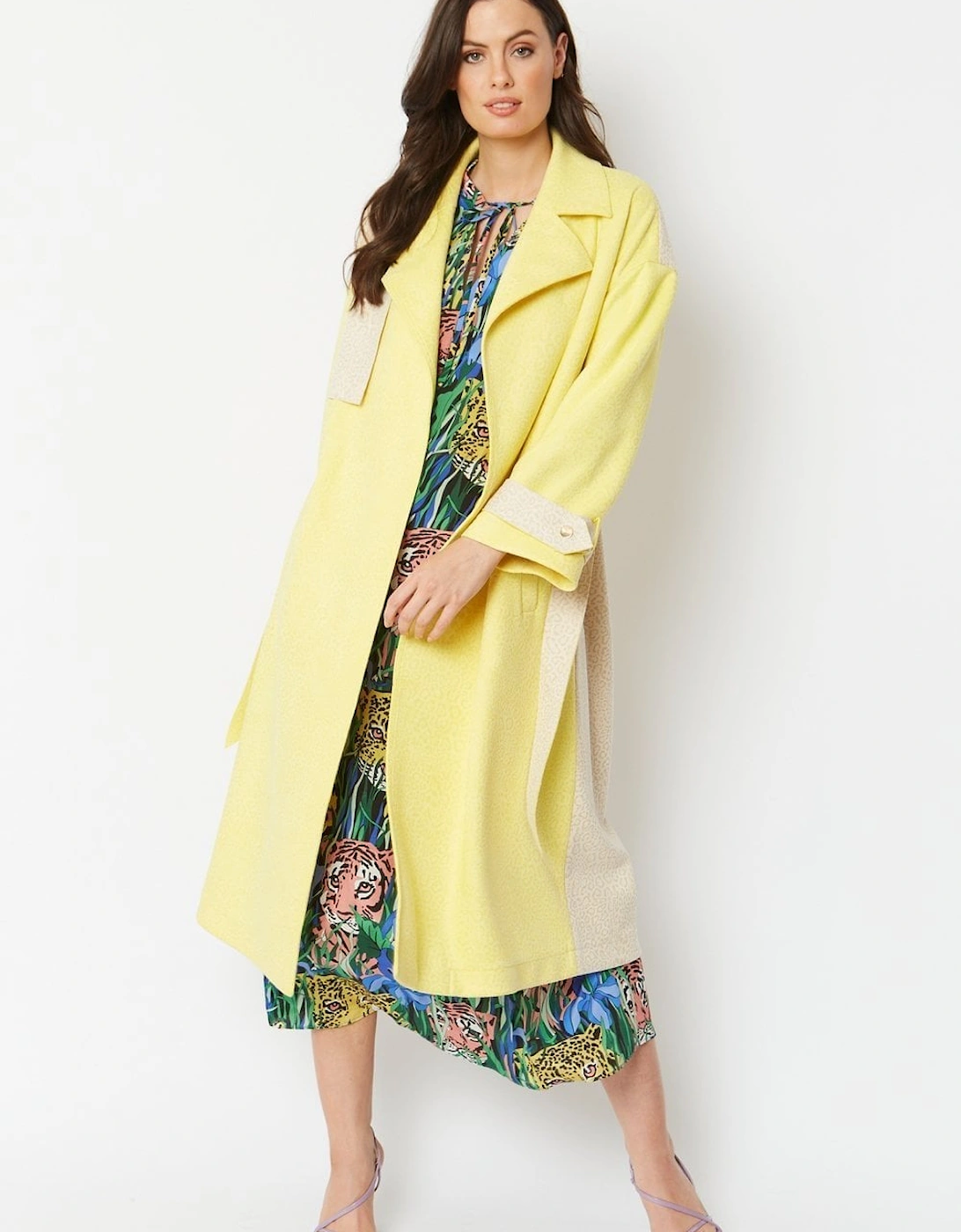 Yellow Faux Suede Animal Print Trench Coat