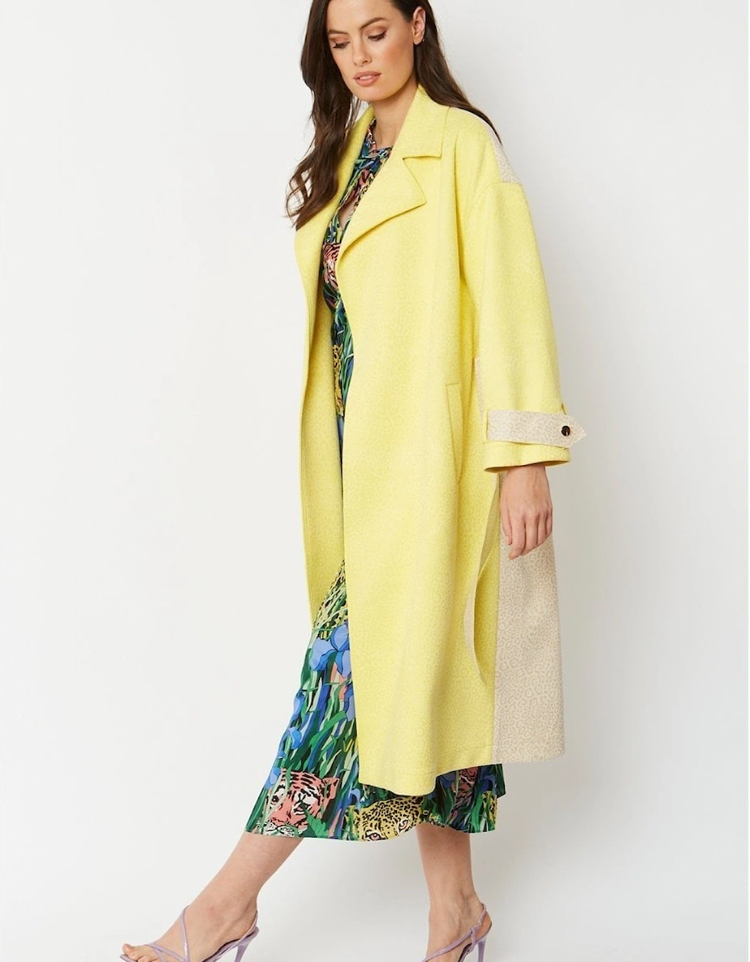 Yellow Faux Suede Animal Print Trench Coat