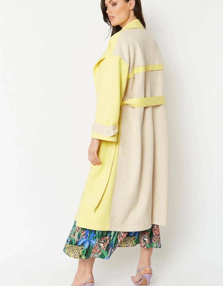 Yellow Faux Suede Animal Print Trench Coat