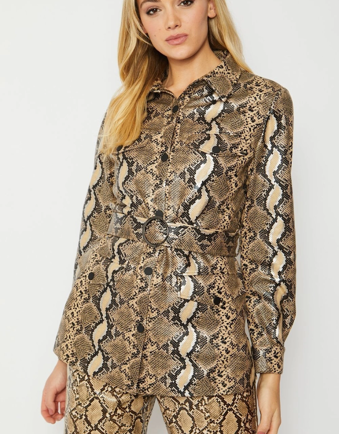 Snake Print Snake Print Leather Effect Blazer with Belt