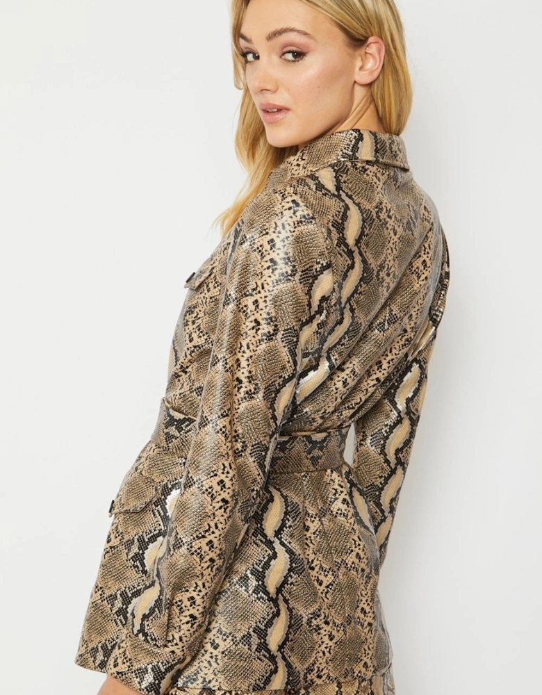 Snake Print Snake Print Leather Effect Blazer with Belt