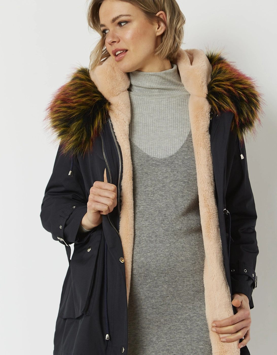 Navy Three in One Faux Fur Parka Coat