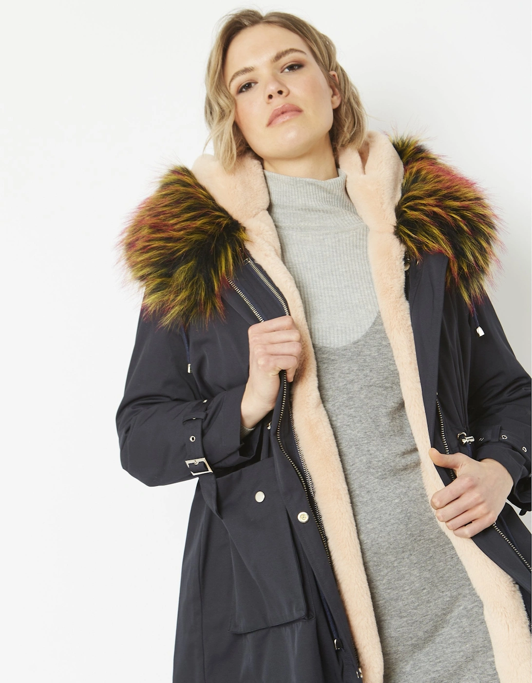 Navy Three in One Faux Fur Parka Coat