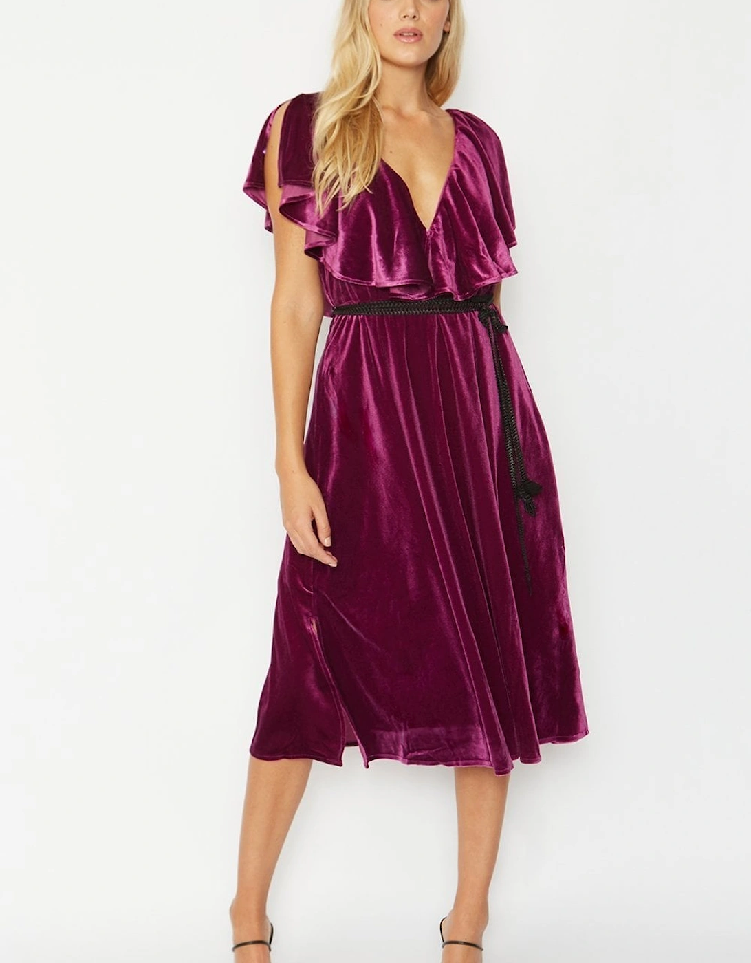 Purple Frill Front Velvet Skater Midi Dress