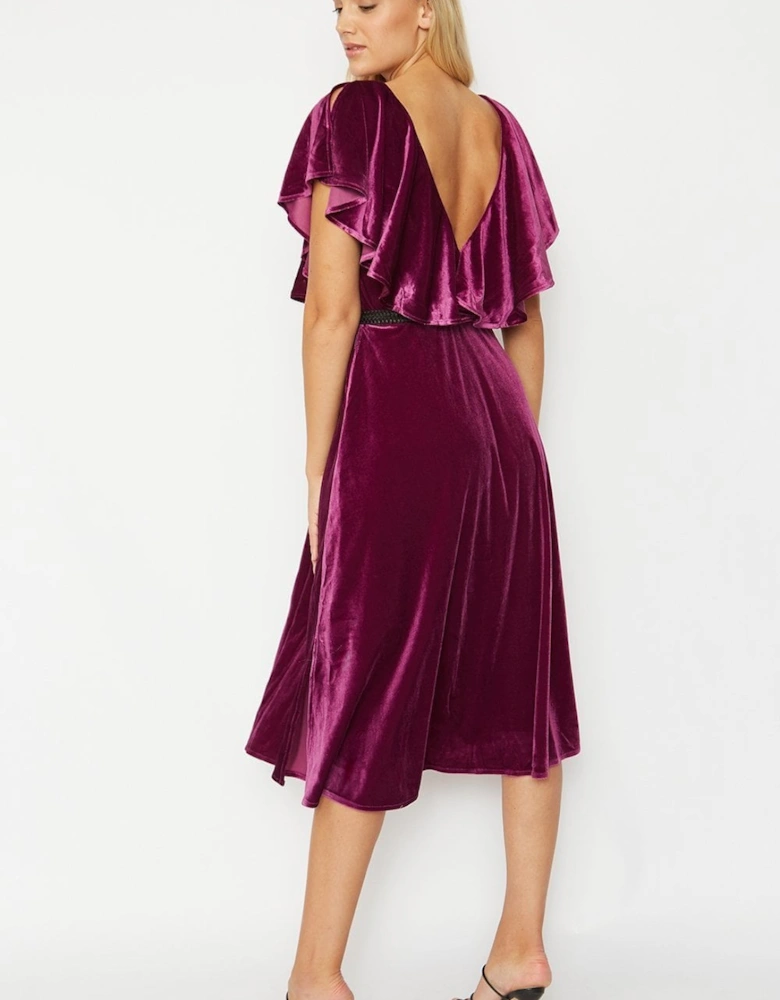 Purple Frill Front Velvet Skater Midi Dress