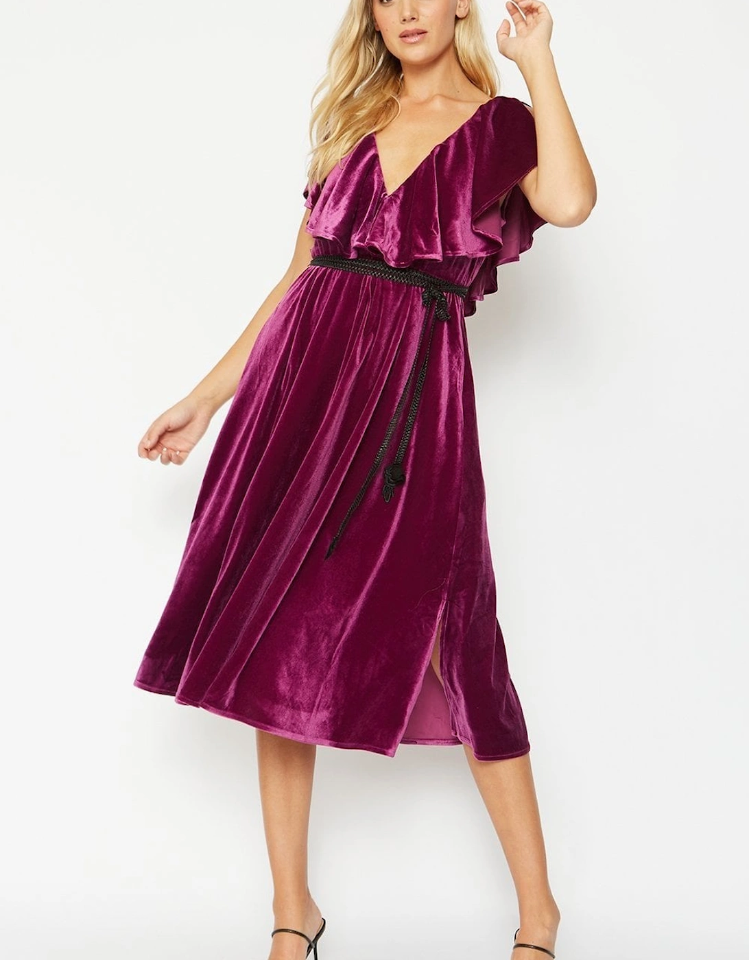 Purple Frill Front Velvet Skater Midi Dress, 4 of 3