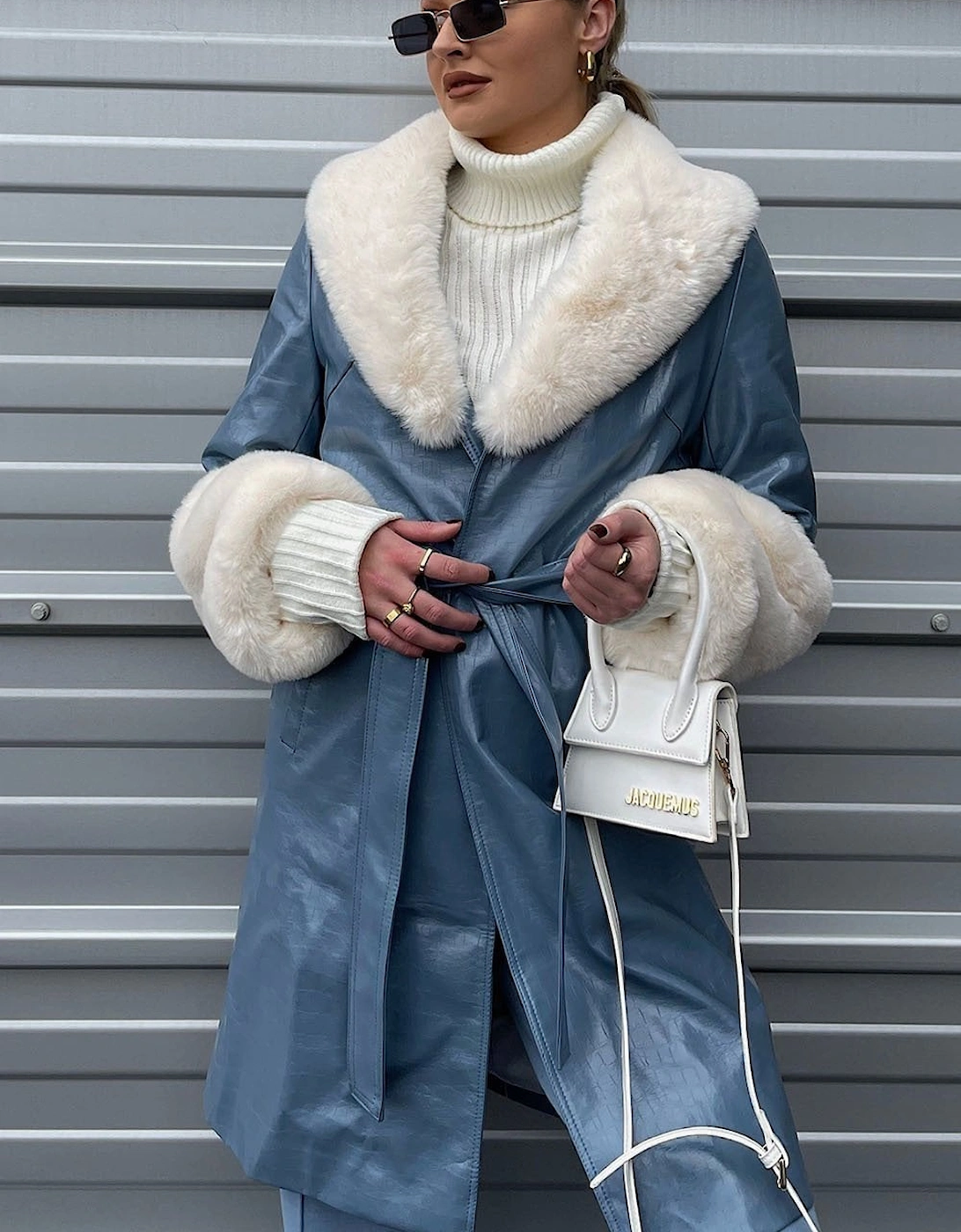 Blue Luxury Faux Leather Aubrey Coat With Detachable Faux Fur Cuffs & Collar