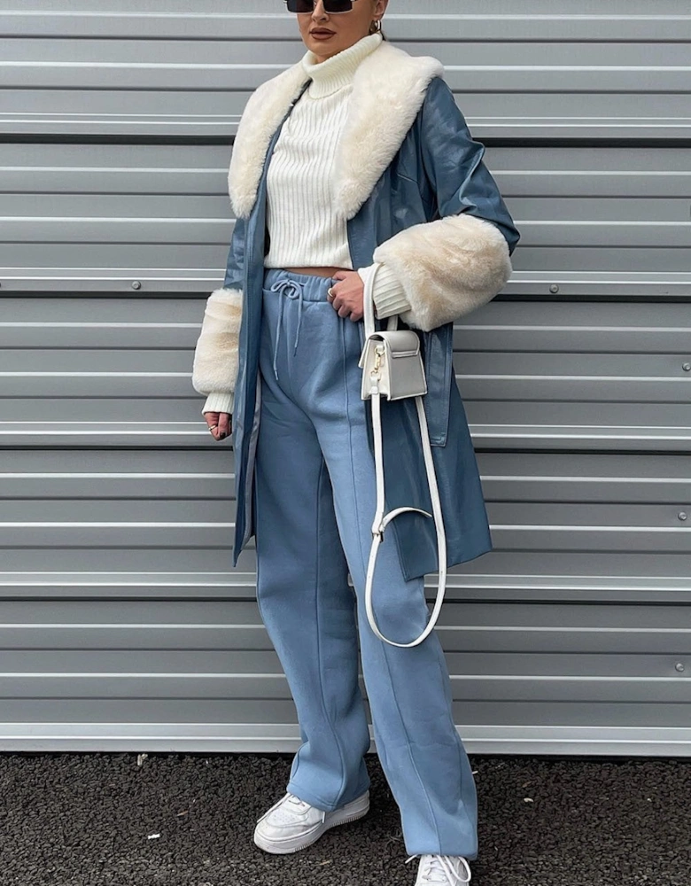 Blue Luxury Faux Leather Aubrey Coat With Detachable Faux Fur Cuffs & Collar