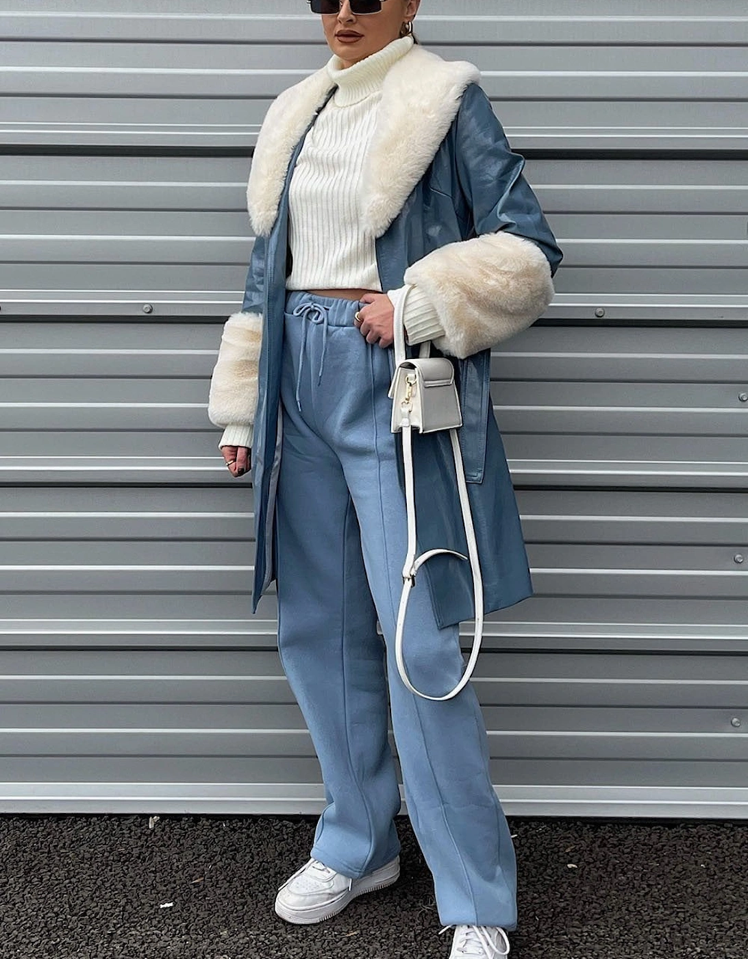 Blue Luxury Faux Leather Aubrey Coat With Detachable Faux Fur Cuffs & Collar