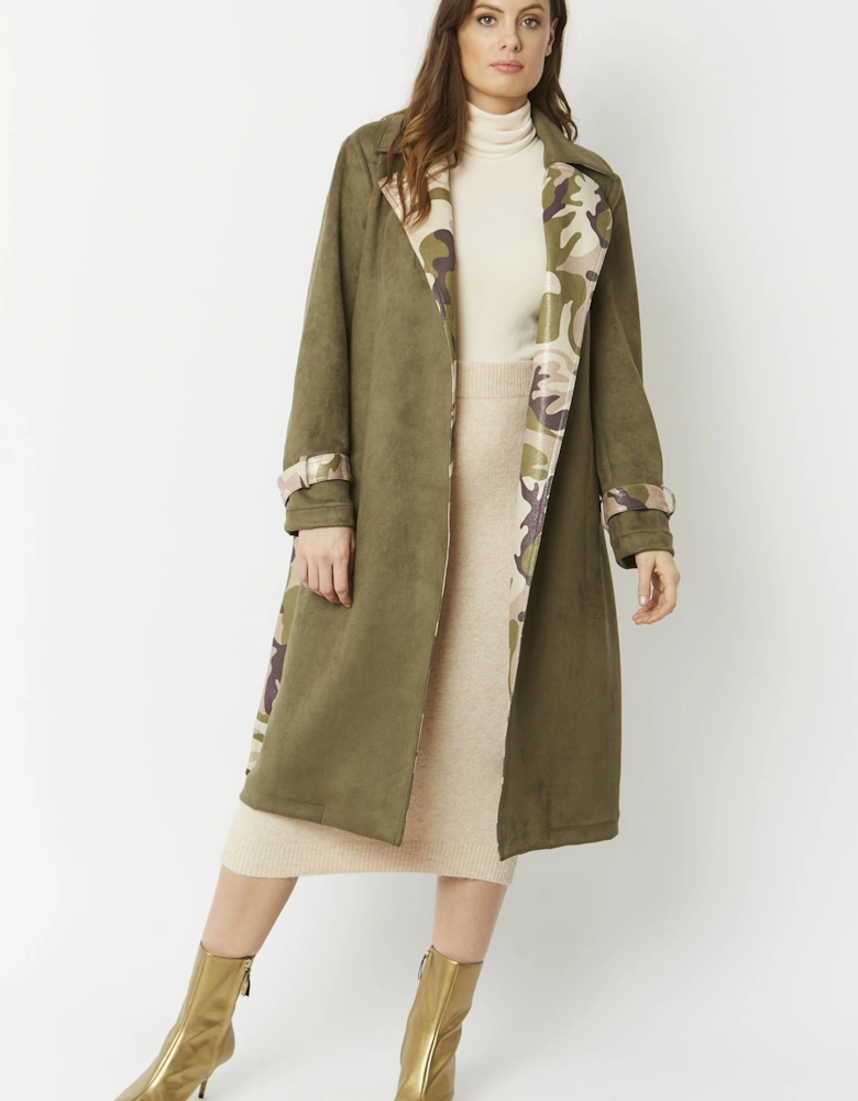 Khaki Camouflage Faux Suede Trench