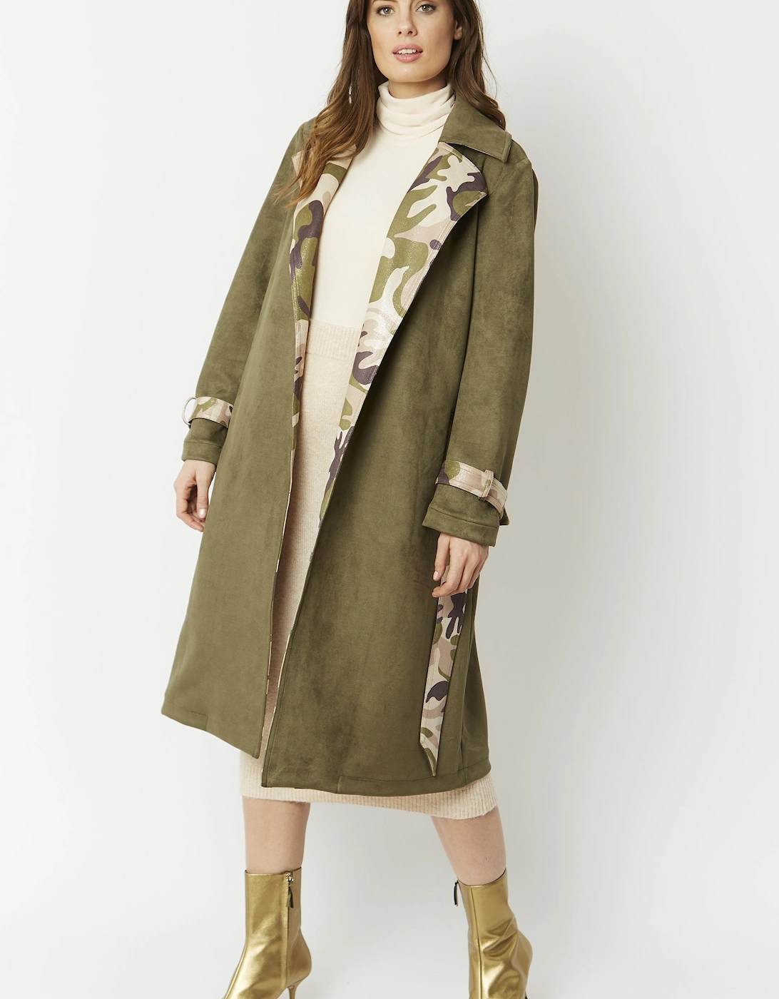 Khaki Camouflage Faux Suede Trench