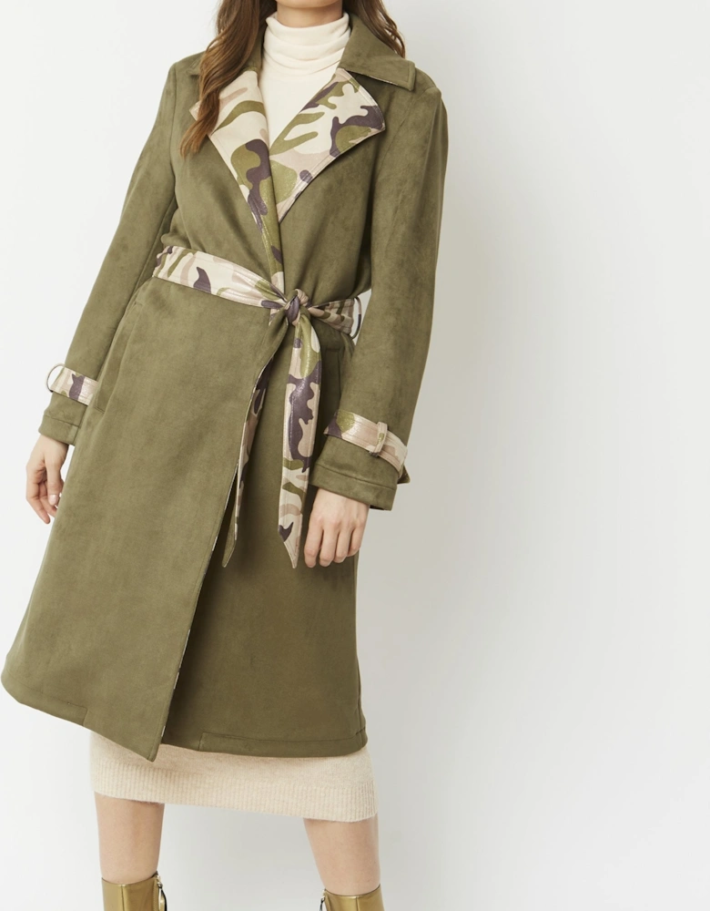 Khaki Camouflage Faux Suede Trench