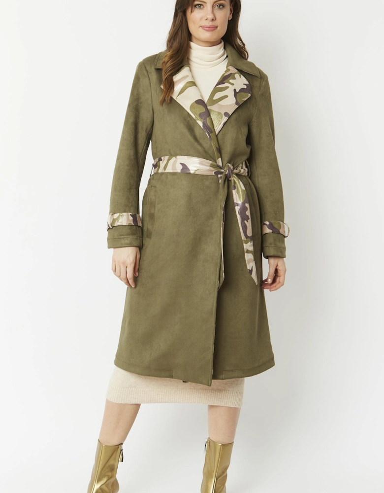 Khaki Camouflage Faux Suede Trench