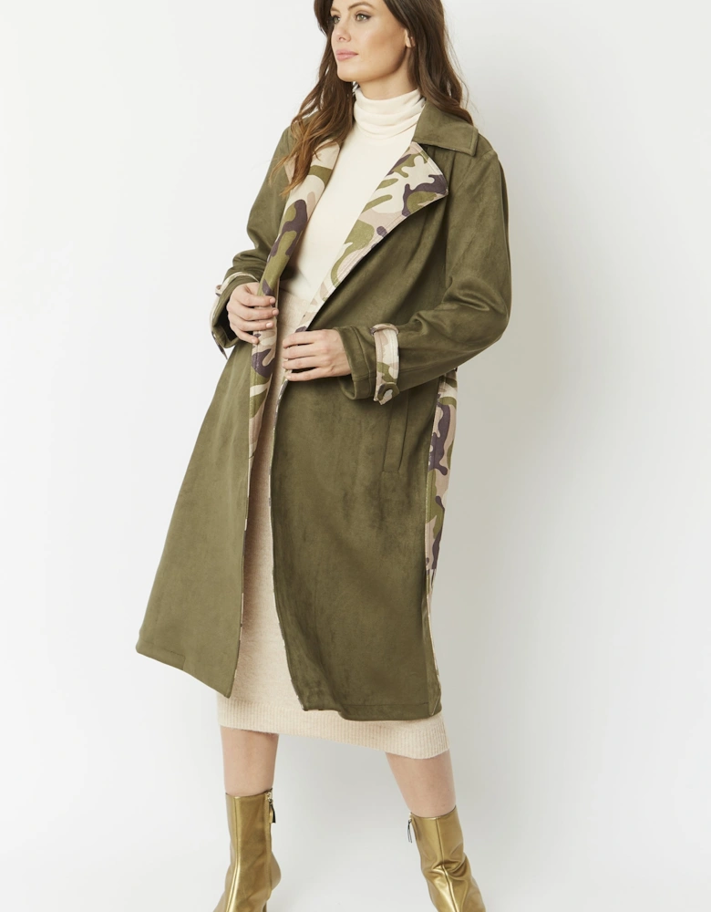 Khaki Camouflage Faux Suede Trench