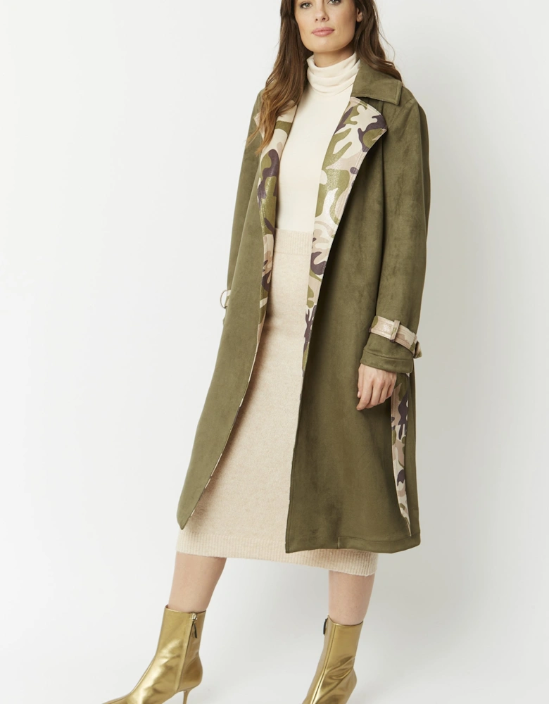 Khaki Camouflage Faux Suede Trench