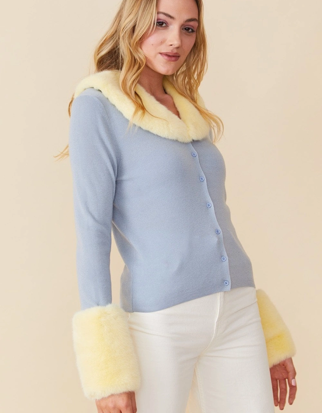 Yellow Peggy Cashmere Cardigan with Faux Fur Cuffs and Collar