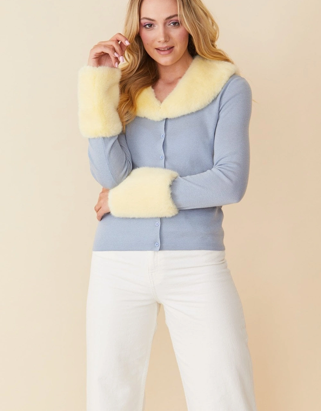 Yellow Peggy Cashmere Cardigan with Faux Fur Cuffs and Collar, 4 of 3