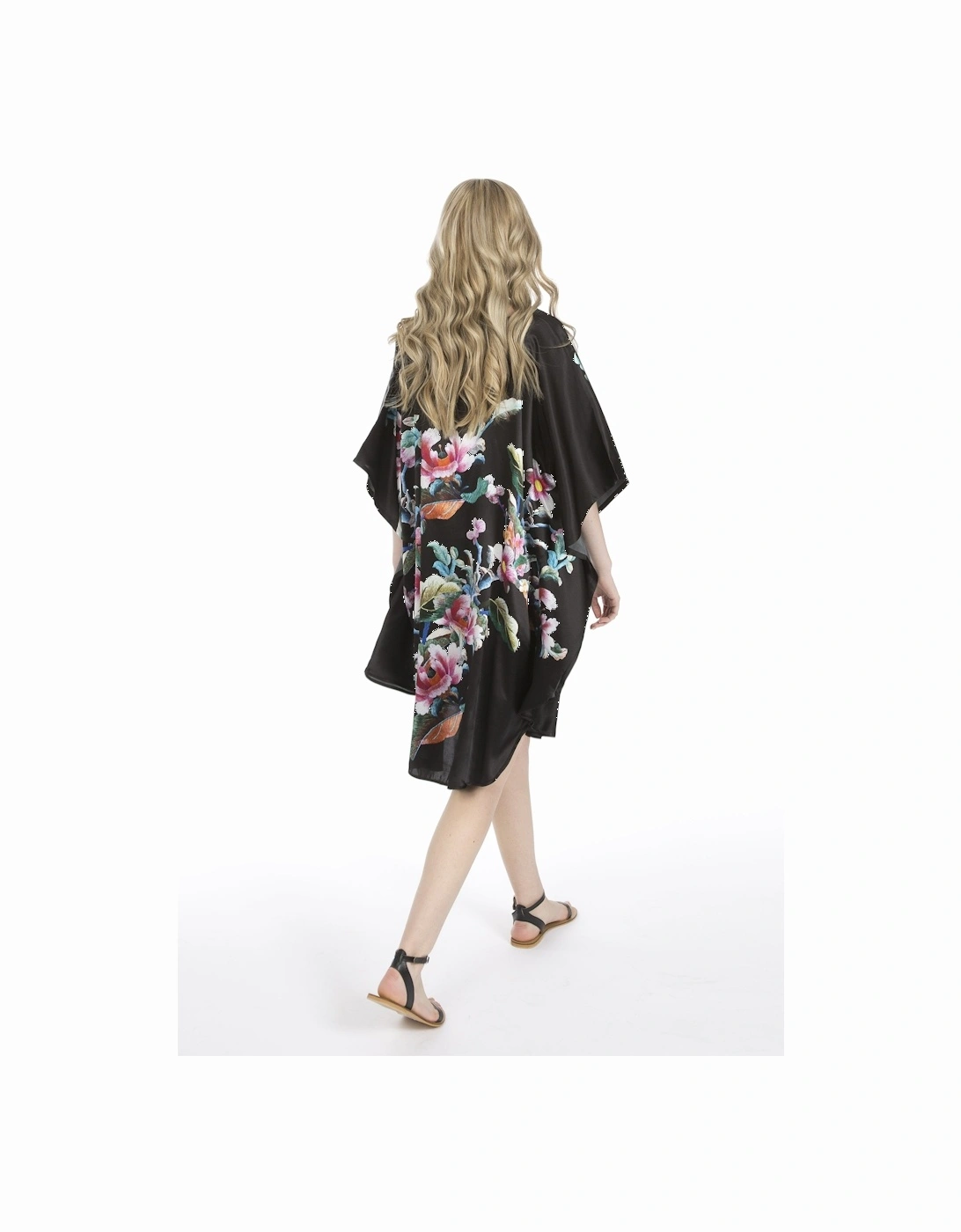 Black Silk Blend Digital Print Kimono Dress