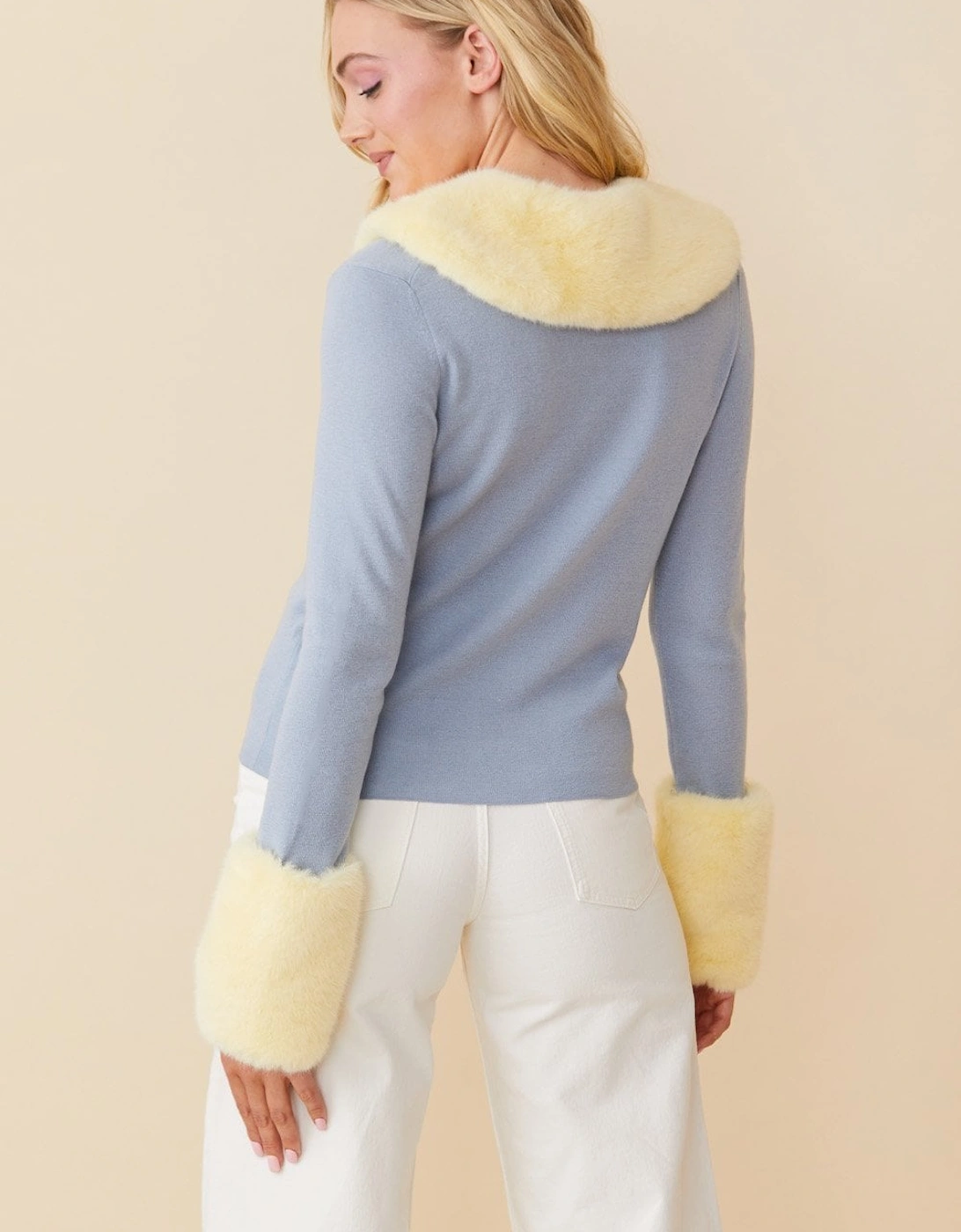 Yellow Peggy Cashmere Cardigan with Faux Fur Cuffs and Collar