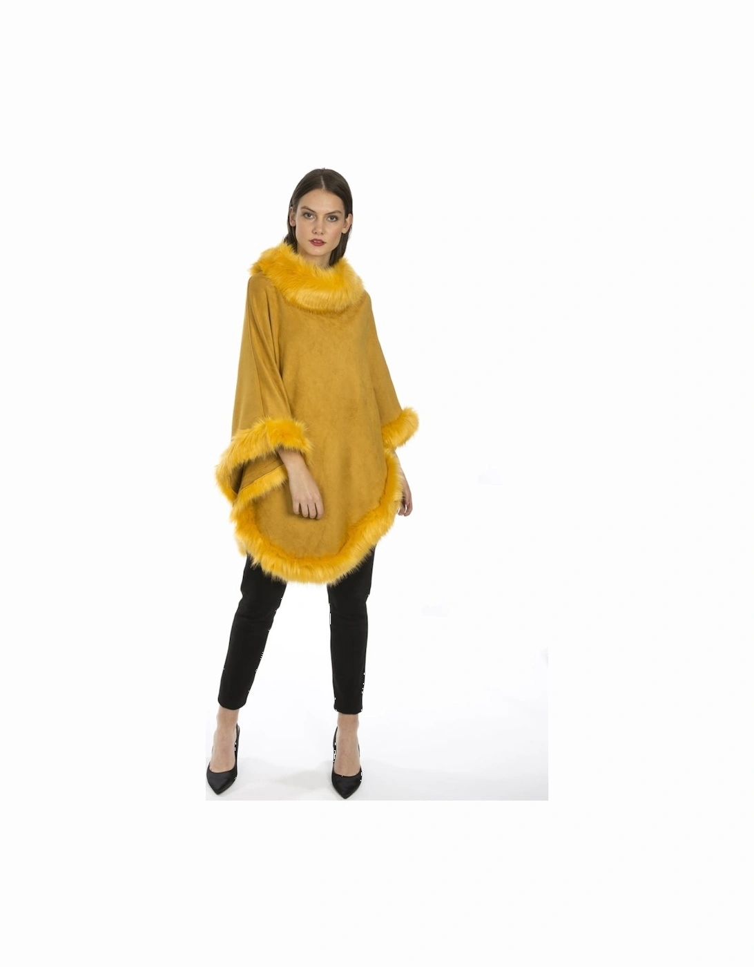 Yellow Faux Suede and Faux Fur Poncho