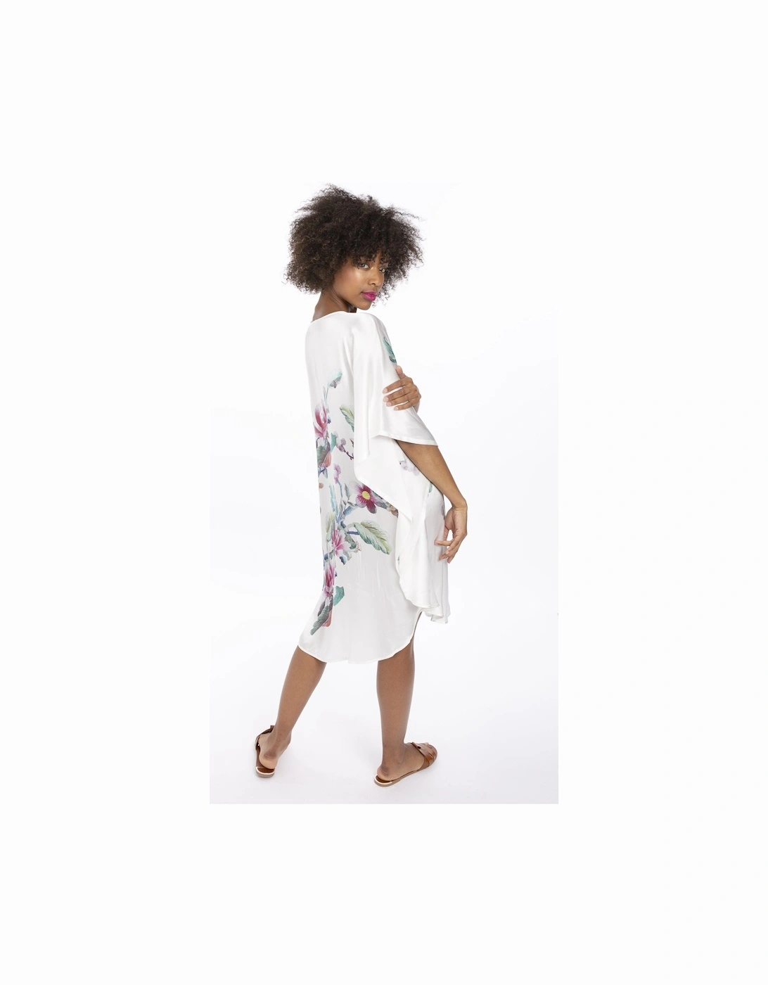 Cream Silk Blend Digital Print Kimono Dress