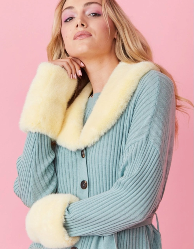 Yellow Cashmere Cardigan with Detachable Faux Fur Collar & Cuffs