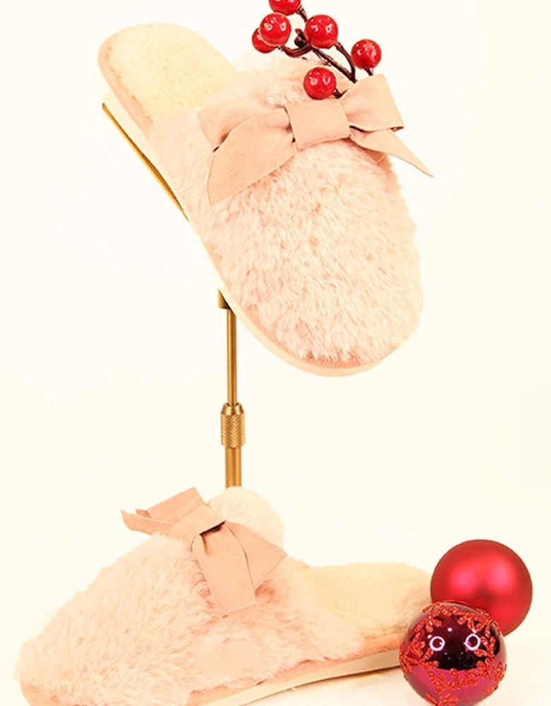 Pink Unisex Faux Fur Slippers with Bow