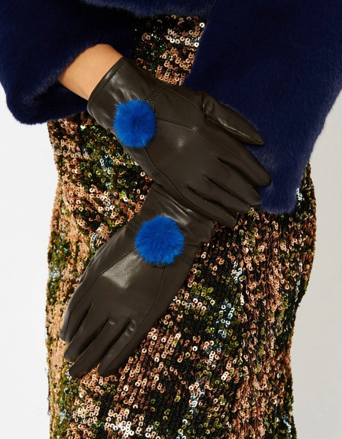 Blue Lambs Leather Gloves Faux Fur Pom Pom