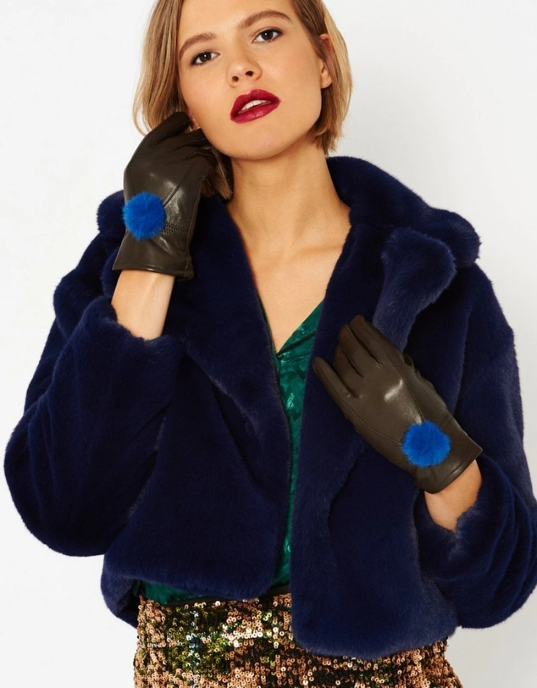Blue Lambs Leather Gloves Faux Fur Pom Pom, 4 of 3
