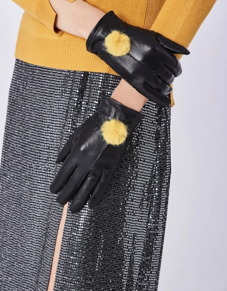 Yellow Lambs Leather Gloves Faux Fur Pom Pom