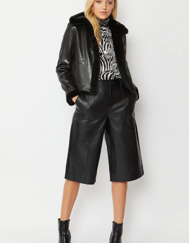 Black Faux Suede Check Jacket with Faux Fur Trim