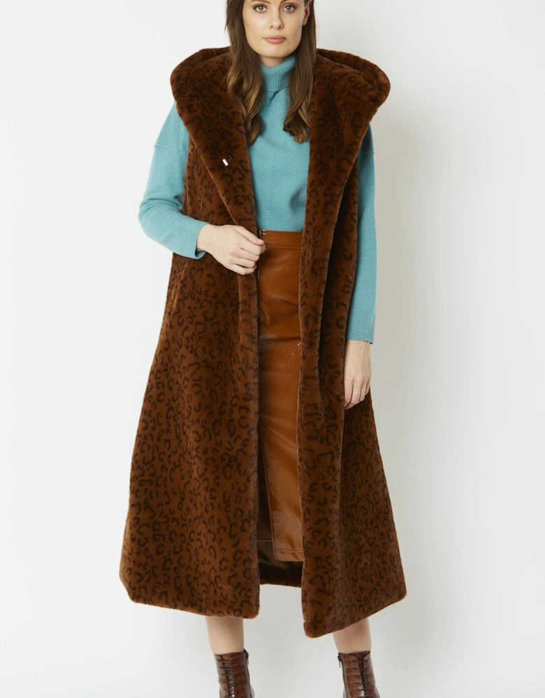 Chocolate Shania Faux Fur Long Length Hooded Gilet