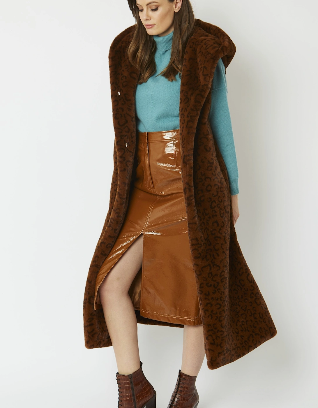 Chocolate Shania Faux Fur Long Length Hooded Gilet