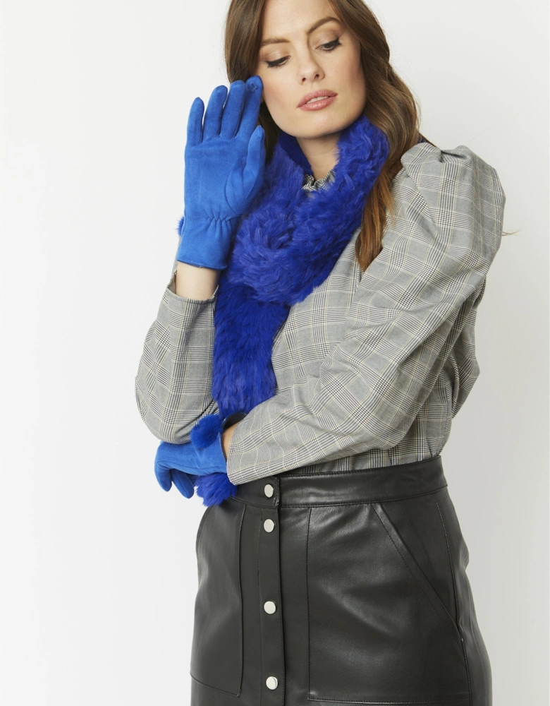 Blue Faux Suede Gloves With Faux Fur Pom