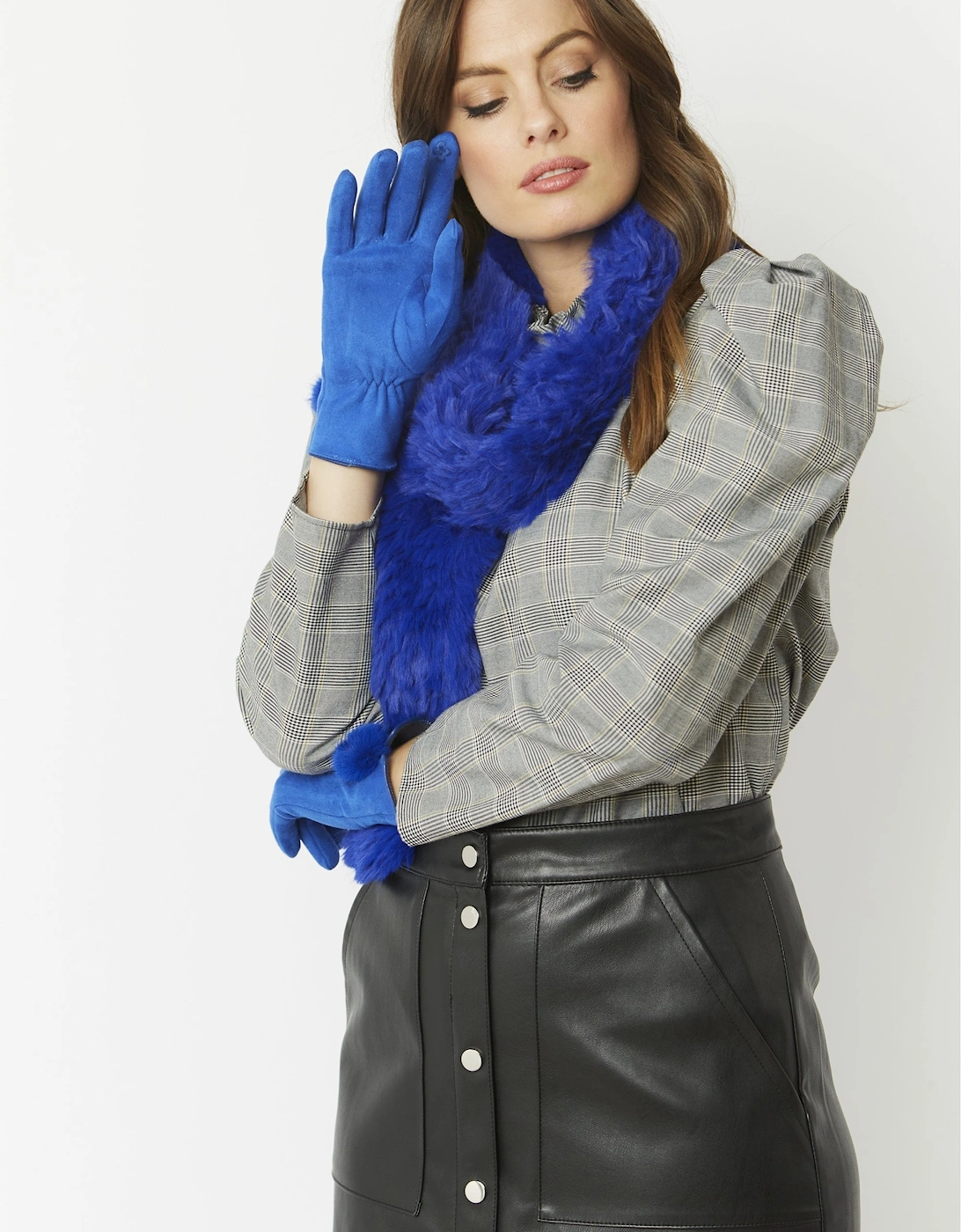 Blue Faux Suede Gloves With Faux Fur Pom, 7 of 6