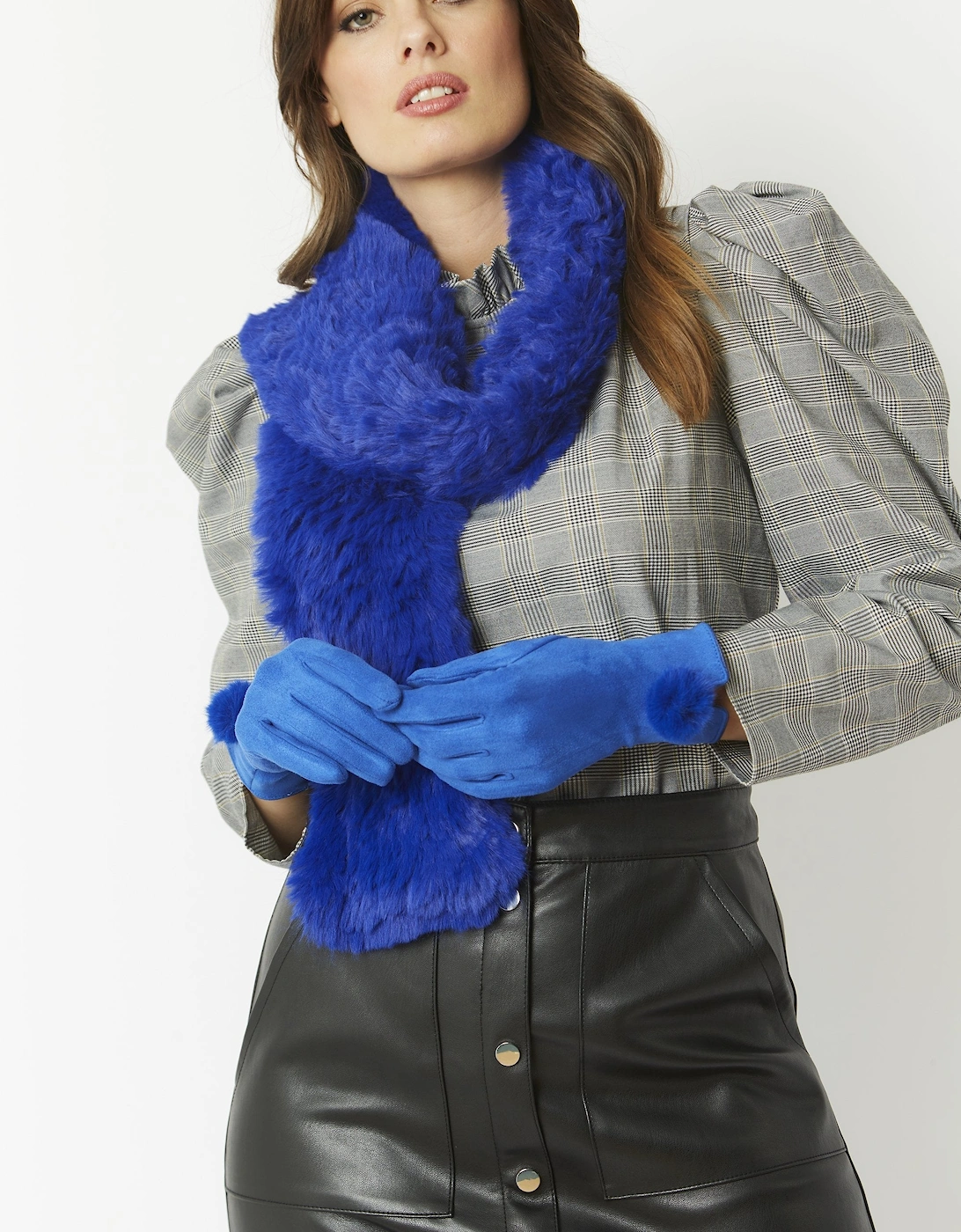 Blue Faux Suede Gloves With Faux Fur Pom