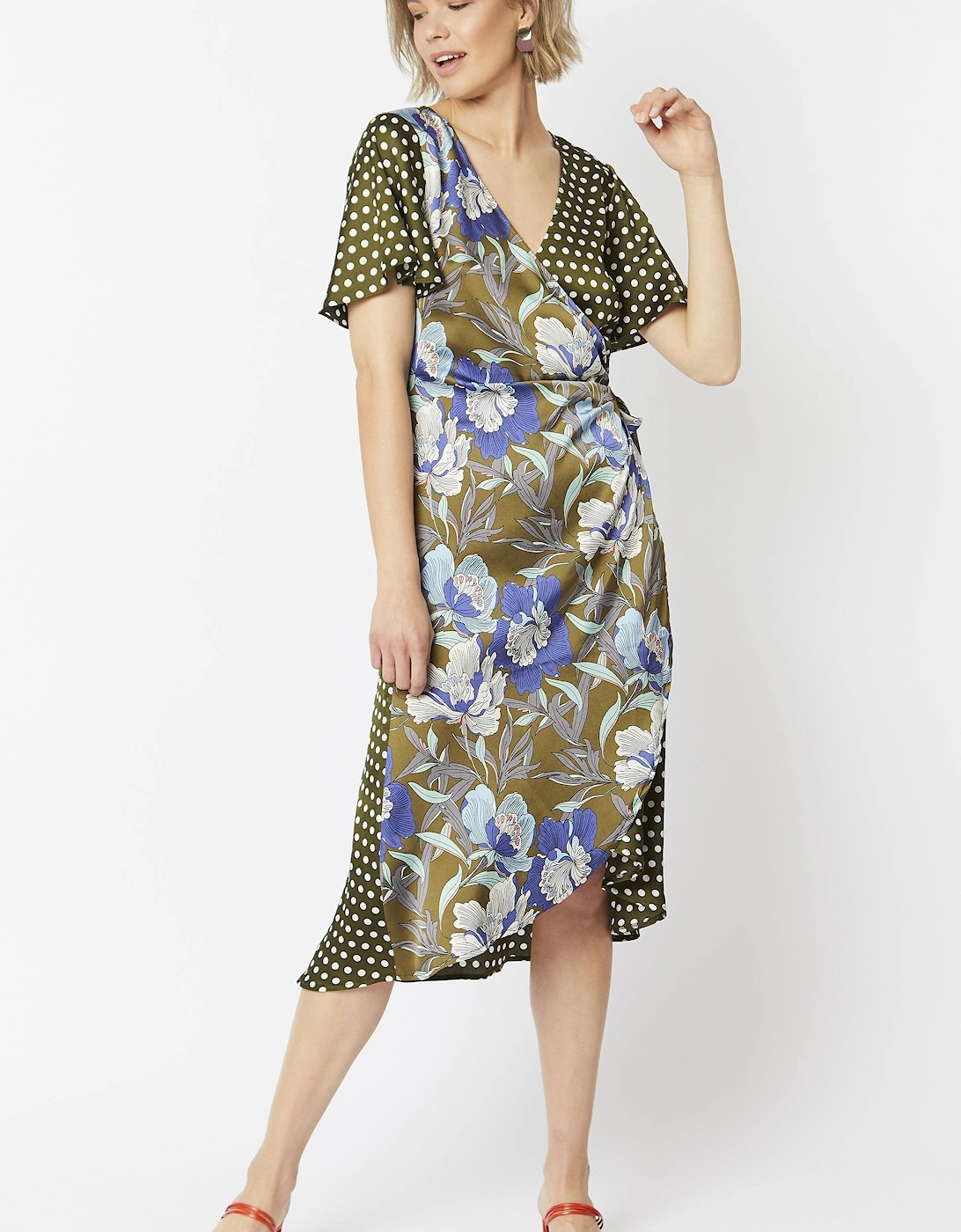 Khaki Silk Blend Mixed Print Wrap Dress