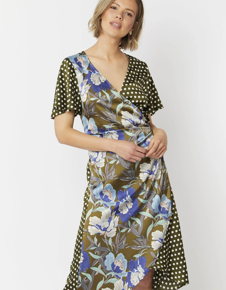 Khaki Silk Blend Mixed Print Wrap Dress